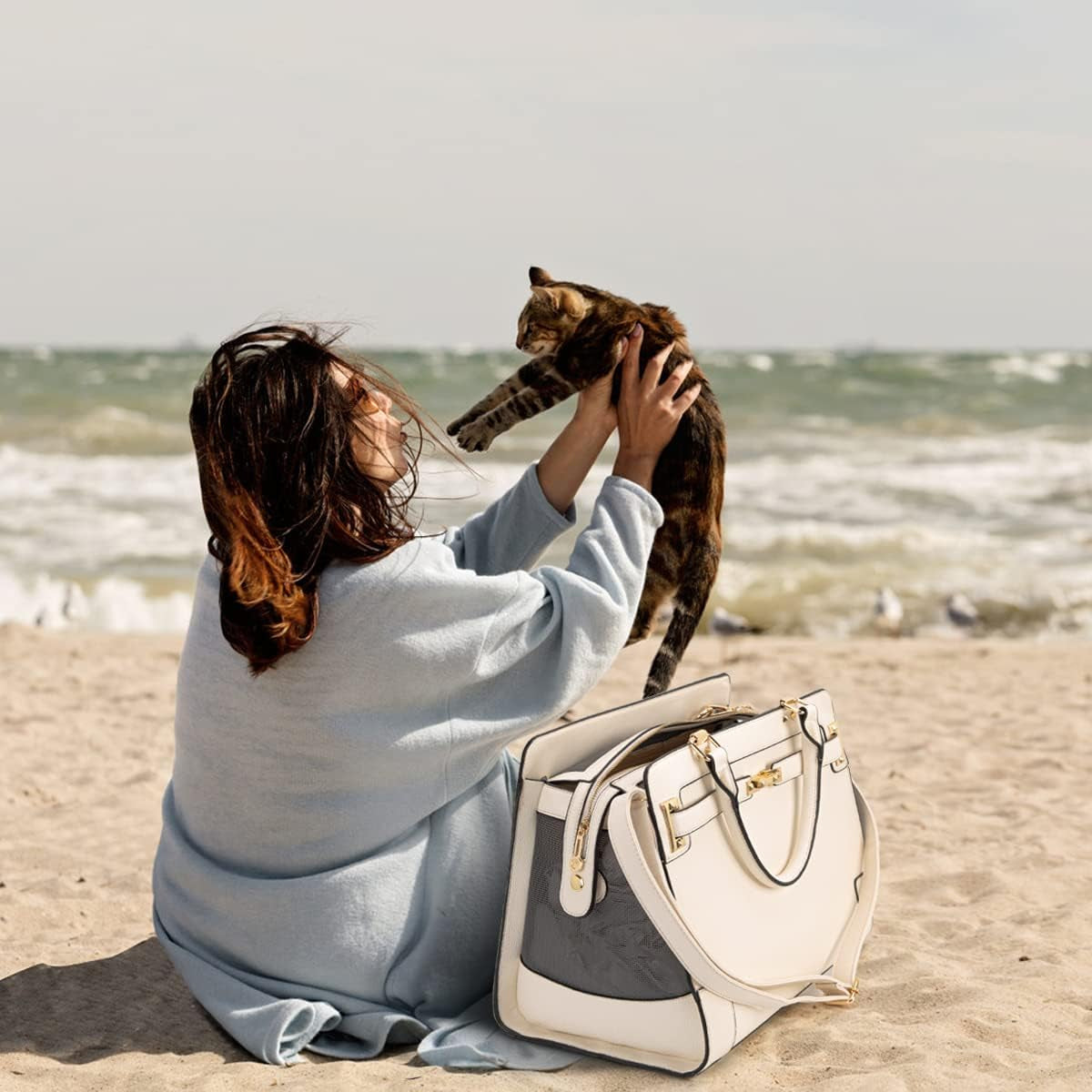 Chic Beige Soft-Sided Pet Carrier Handbag - TSA Airline Approved Tote for Small Dogs and Cats