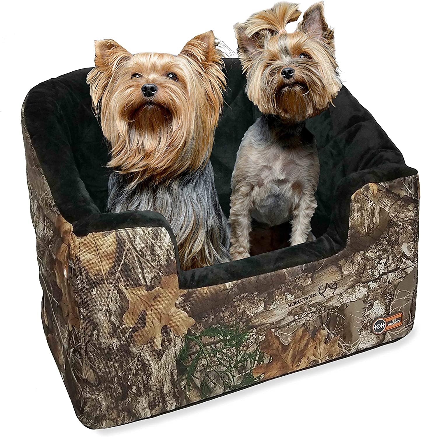 Premium Bucket Booster Dog Car Seat with Safety Seat Belt - Washable, Sturdy Design for Small & Medium Dogs - Includes 2 Safety Leashes - Stylish Realtree Edge Camo