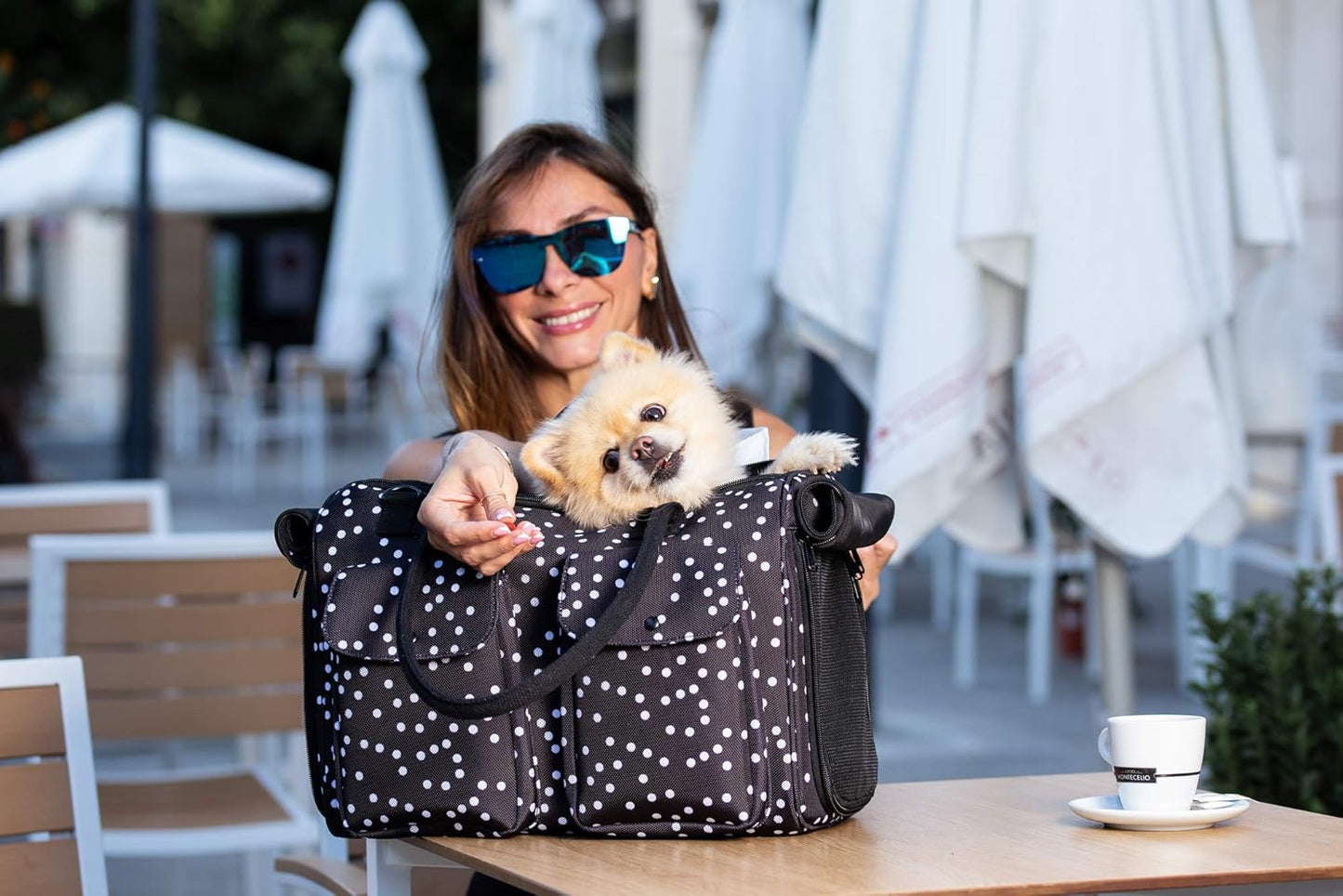 Stylish Black Polka Dot Soft-Sided Pet Carrier - Airline Approved Tote for Dogs, Cats, and Rabbits with Breathable Mesh and Convenient Pockets