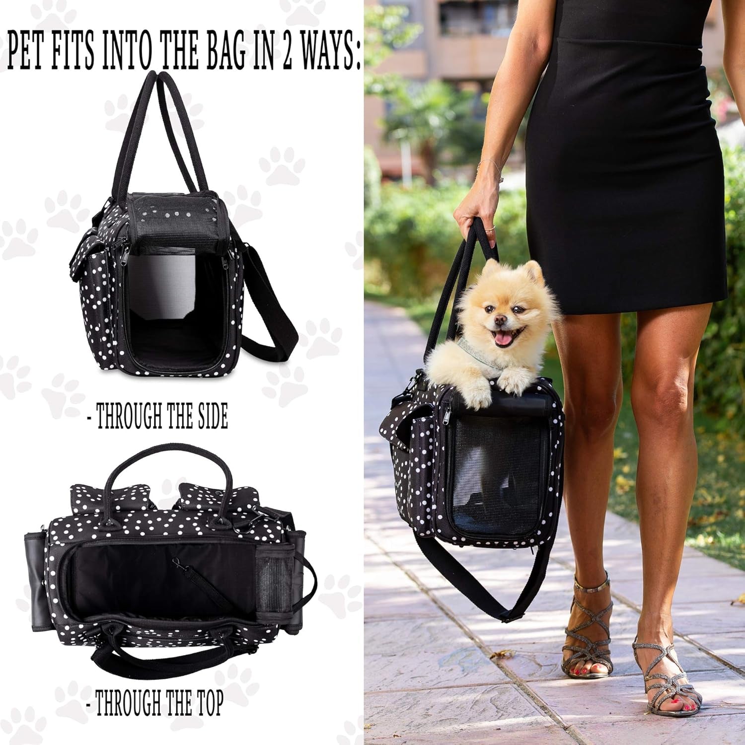 Stylish Black Polka Dot Soft-Sided Pet Carrier - Airline Approved Tote for Dogs, Cats, and Rabbits with Breathable Mesh and Convenient Pockets