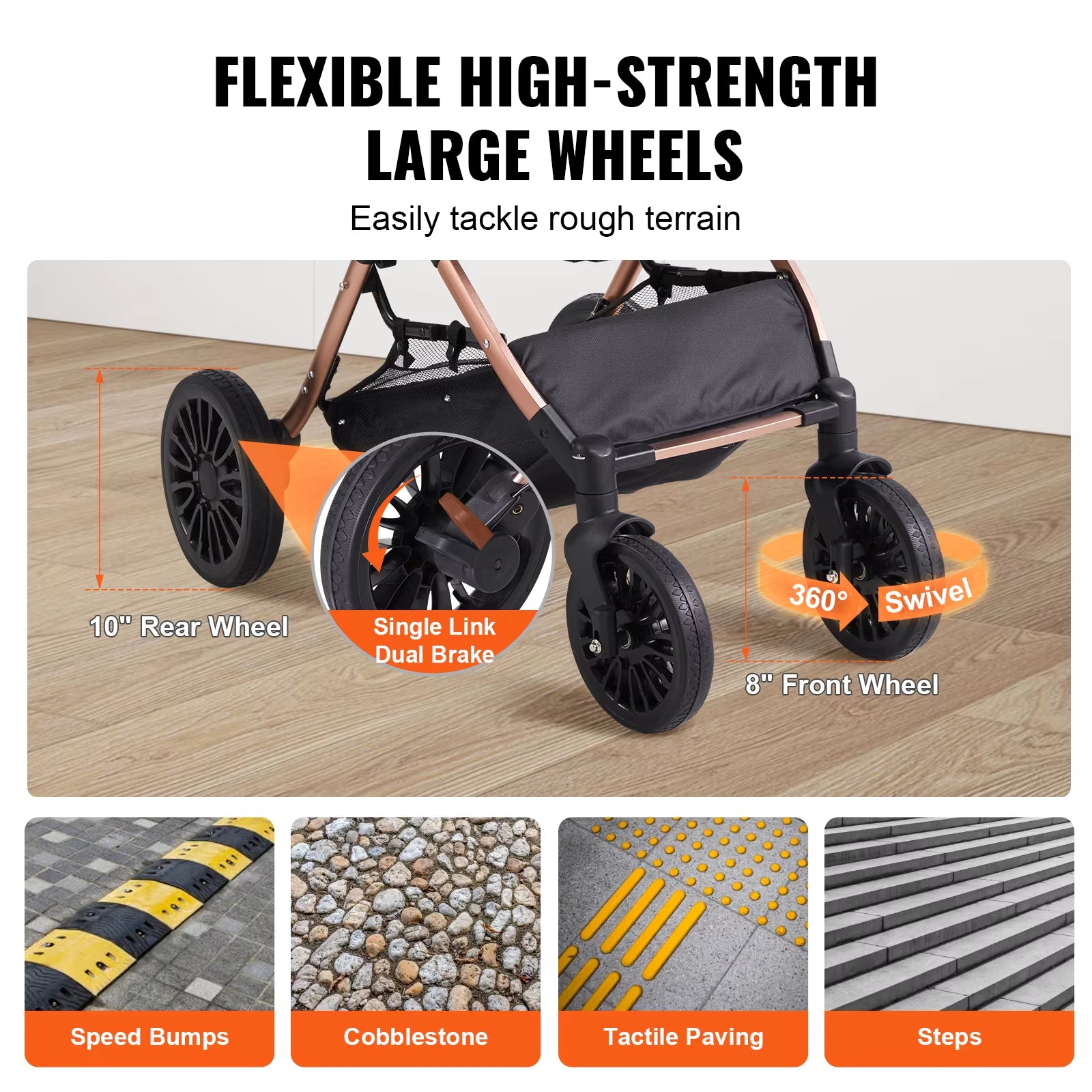 VEVOR 66 Lbs Foldable Pet Stroller with Brakes & Storage Basket - Ideal for Small to Medium Dogs