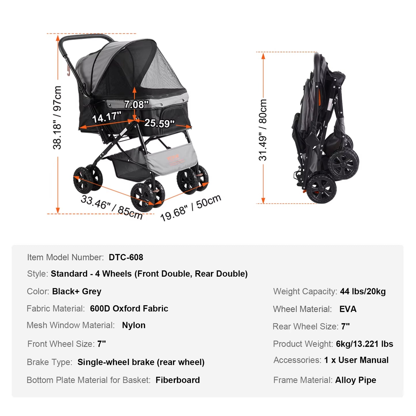 Lightweight Pet Stroller Carrier for Dogs & Cats - Travel-Friendly with Brakes, Pet Pad & Cup Holder