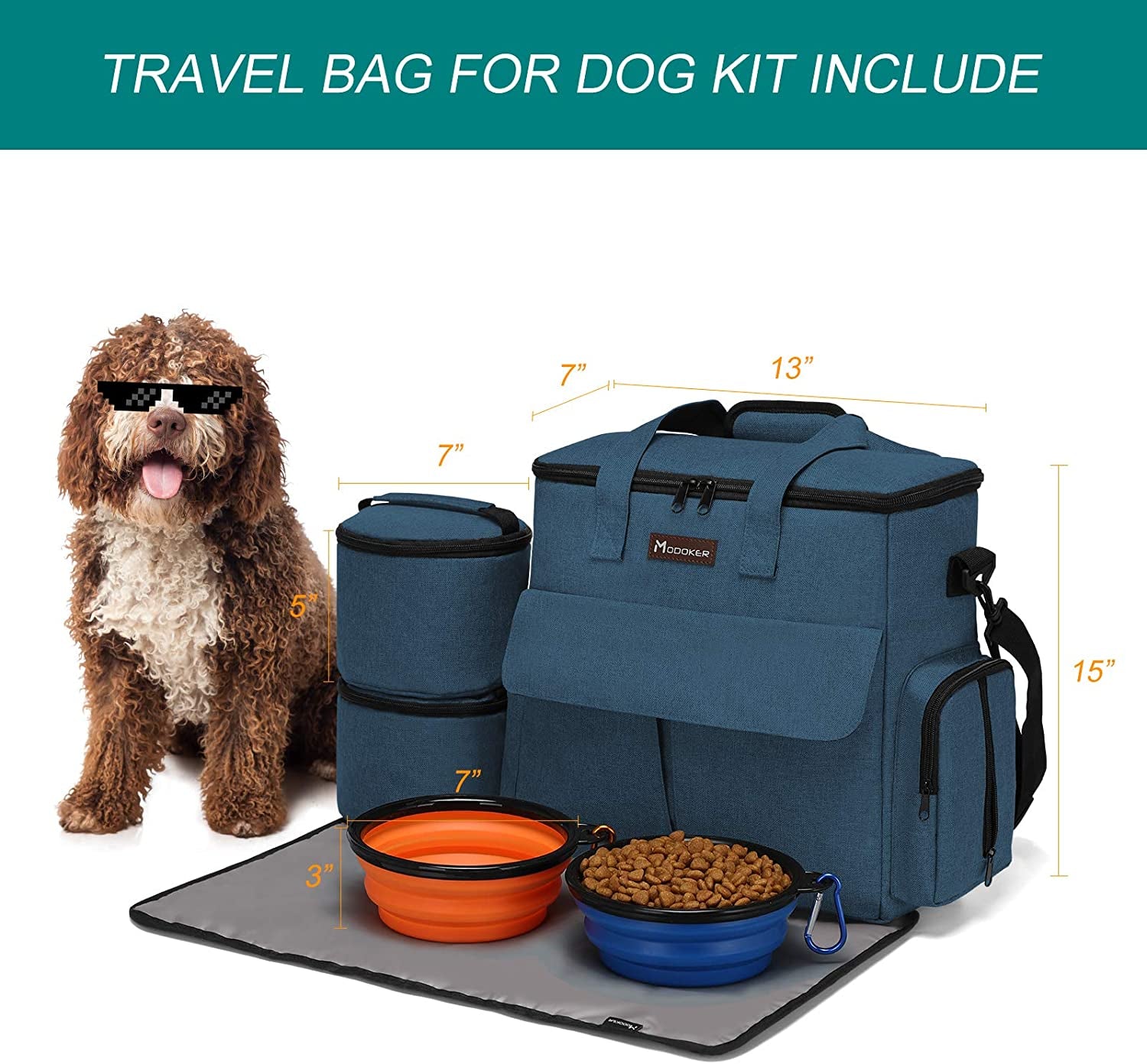 Ultimate Dog Travel Bag - Airline Approved Pet Travel Set with Food Containers, Bowls & Feeding Mat (Blue)