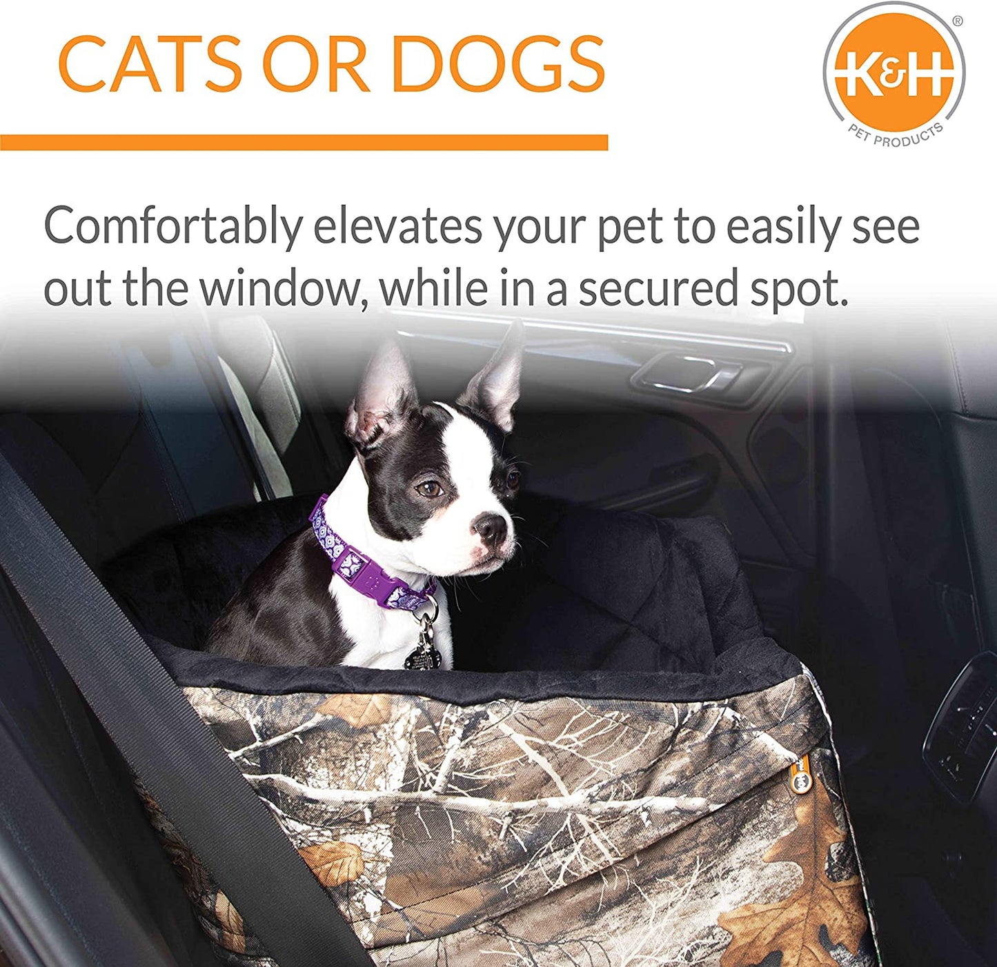 Premium Bucket Booster Dog Car Seat with Safety Seat Belt - Washable, Sturdy Design for Small & Medium Dogs - Includes 2 Safety Leashes - Stylish Realtree Edge Camo
