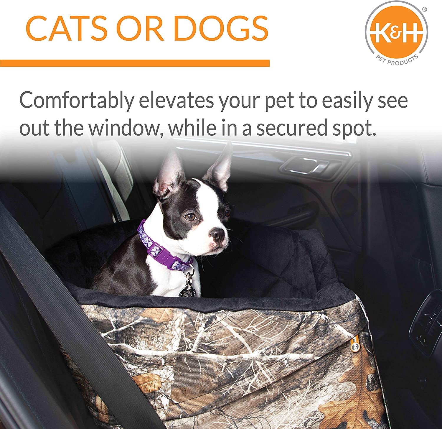 Premium Bucket Booster Dog Car Seat with Safety Seat Belt - Washable, Sturdy Design for Small & Medium Dogs - Includes 2 Safety Leashes - Stylish Realtree Edge Camo