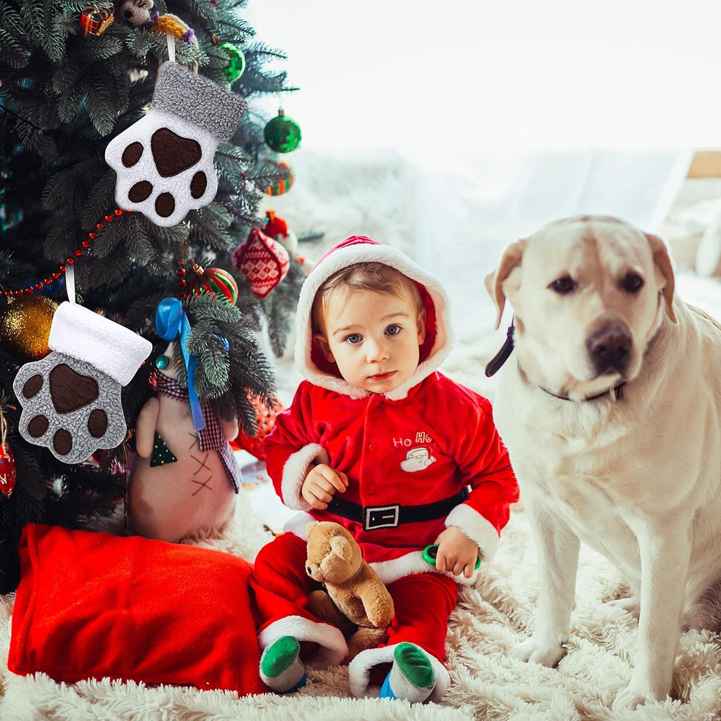 Adorable White Dog Christmas Stockings with Paw Print Design - Perfect for Pet Lovers and Festive Fireplace Decor!