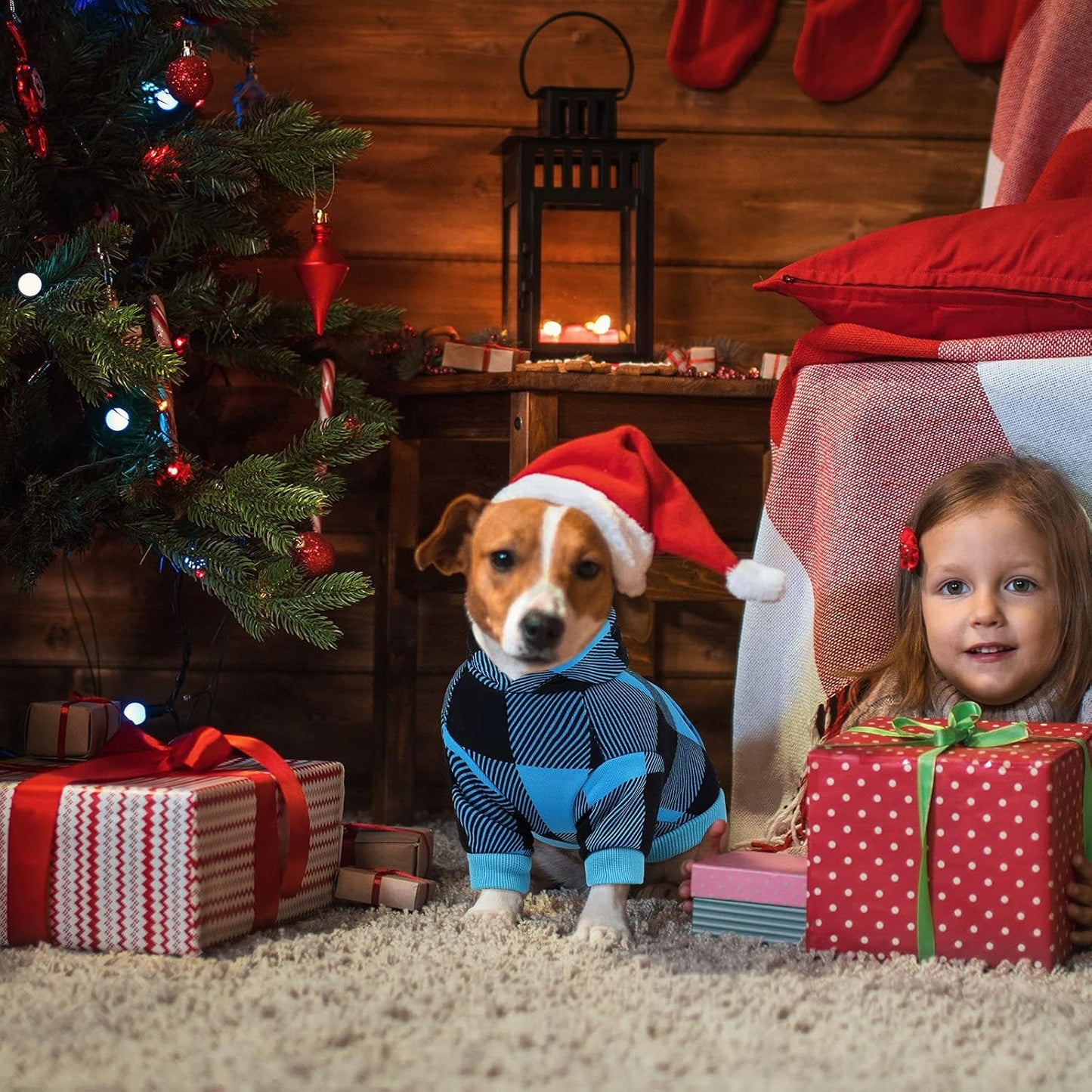 Stylish Blue and Black Plaid Dog Hoodie with Hat - Cozy, Soft, and Breathable Pet Sweater for Dogs and Cats with Pocket and Footprint Patterns, Medium Size