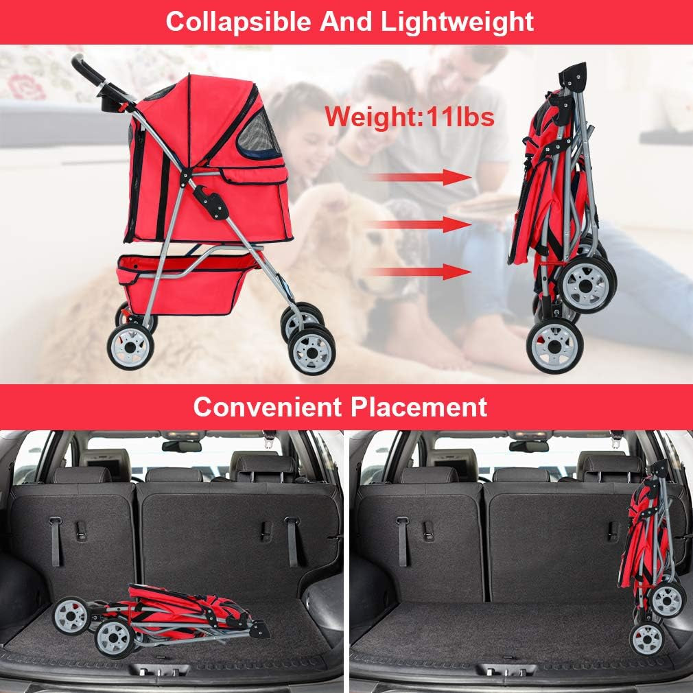Stylish Red Pet Stroller - Foldable Travel Carrier for Cats and Dogs