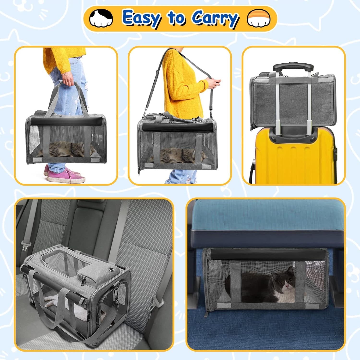 Premium Cat Carrier Set of 3 - Airline Approved, Breathable Mesh Design, Easy-Clean Dog Carrier for Small Pets with Foldable Bowl & Nameplate (Grey)