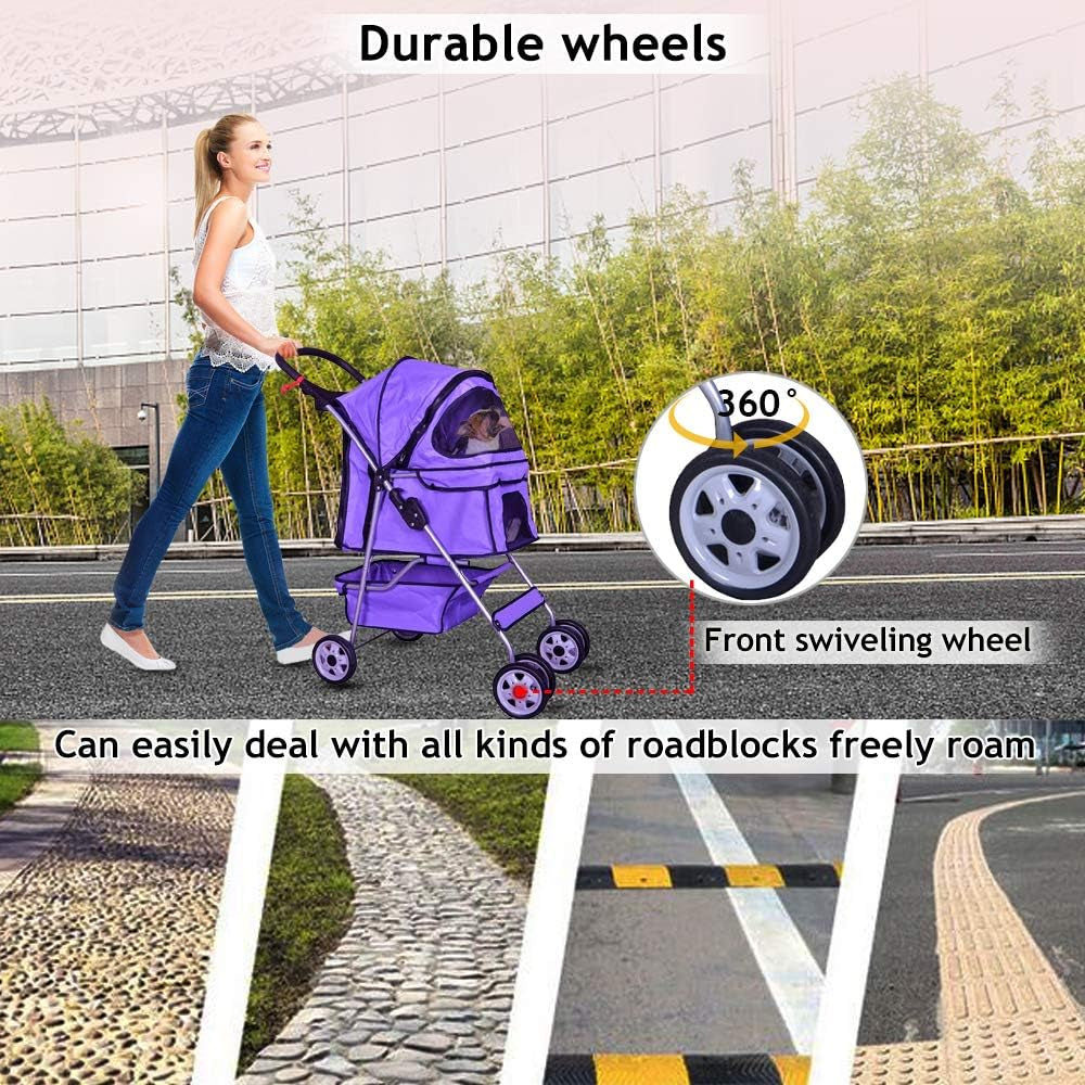 Purple 4-Wheel Pet Stroller for Cats and Dogs - Folding Travel Carrier with Cup Holders and Removable Liner for Small to Medium Pets