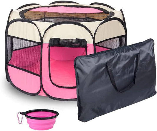 Portable Octagon Pet Playpen - Foldable Indoor/Outdoor Dog Pen with Free Carrying Case & Travel Bowl (Beige+Pink, S)