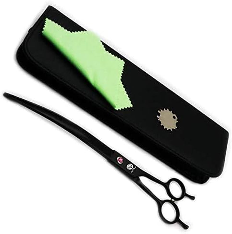 Professional 9-Inch Downward Curved Pet Grooming Scissors for Left or Right-Handed Groomers - Includes Carry Bag (Black)