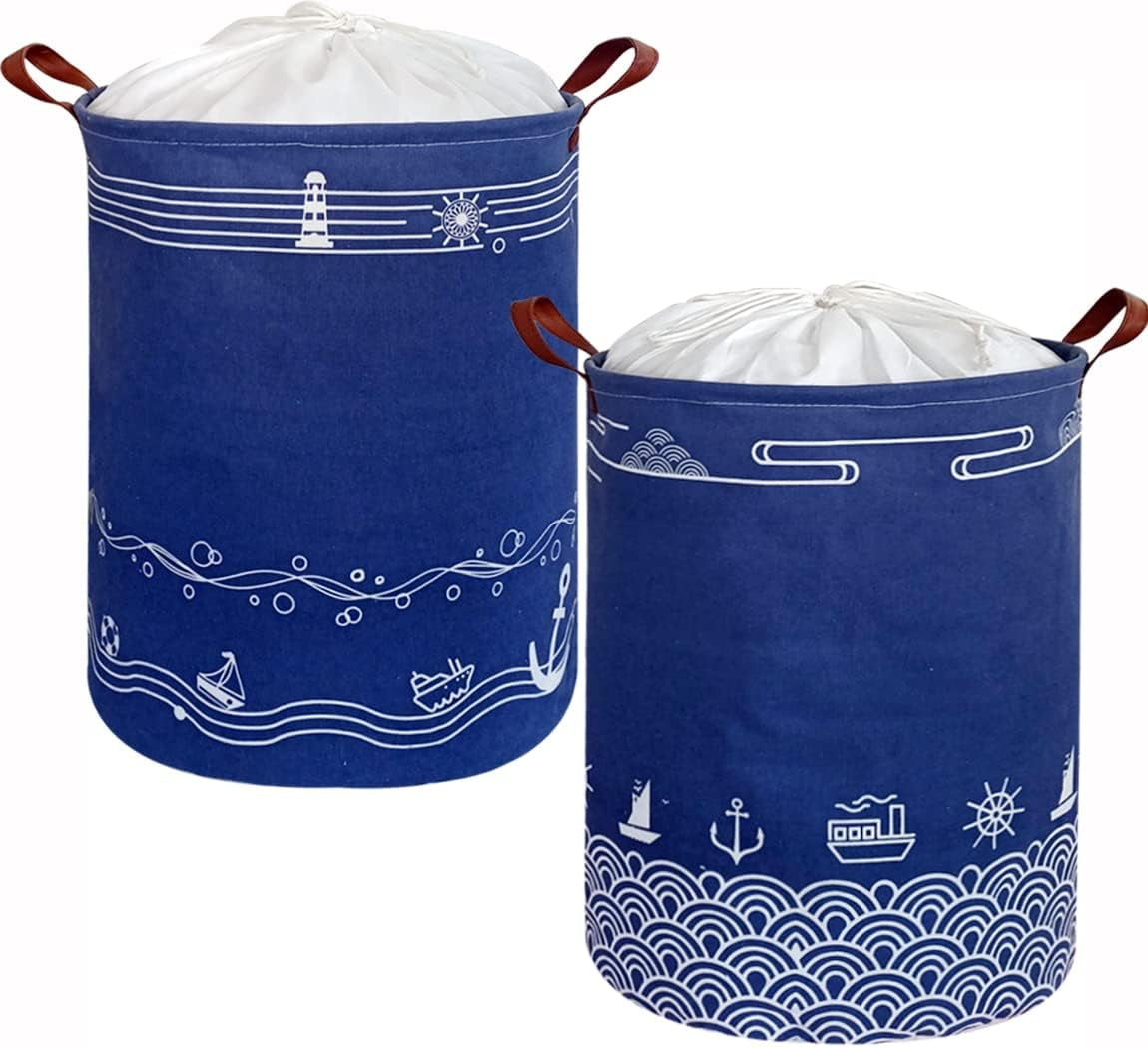 DDBASKE 2-Pack Large Collapsible Drawstring Laundry Basket with Lid - Stylish Toy Storage Bin for Kids - Perfect Clothes Hamper with Handles (Blue Wave)