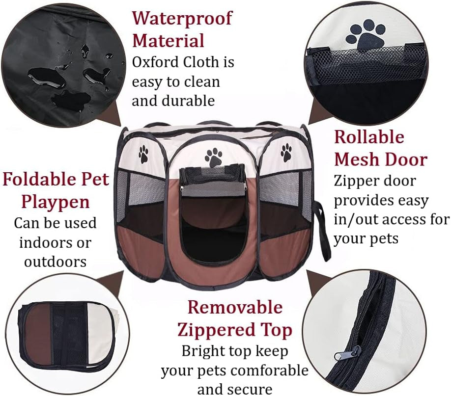 Premium Foldable Pet Playpen - Portable Octagon Dog & Cat Exercise Tent with Free Carrying Case & Travel Bowl (Beige+Grey, Small)