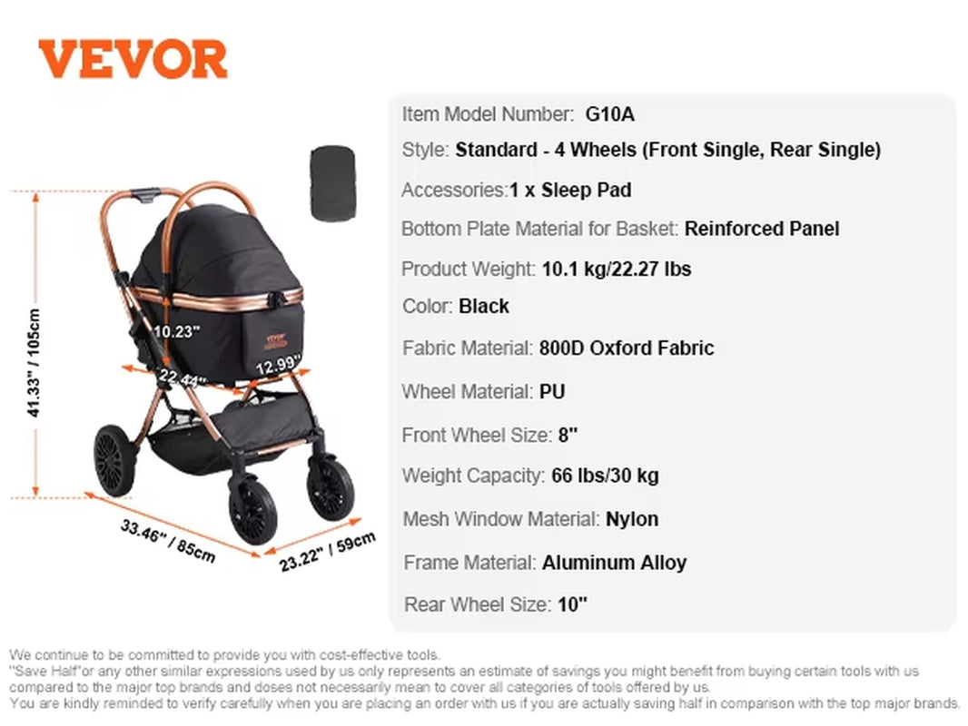 VEVOR 66 Lbs Foldable Pet Stroller with Brakes & Storage Basket - Ideal for Small to Medium Dogs