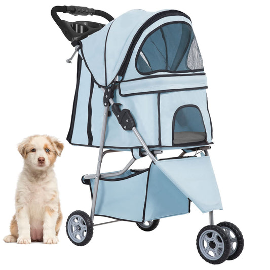 Light Blue 3-Wheel Pet Stroller for Small Dogs & Cats - Waterproof, Folding Carrier with Cup Holder