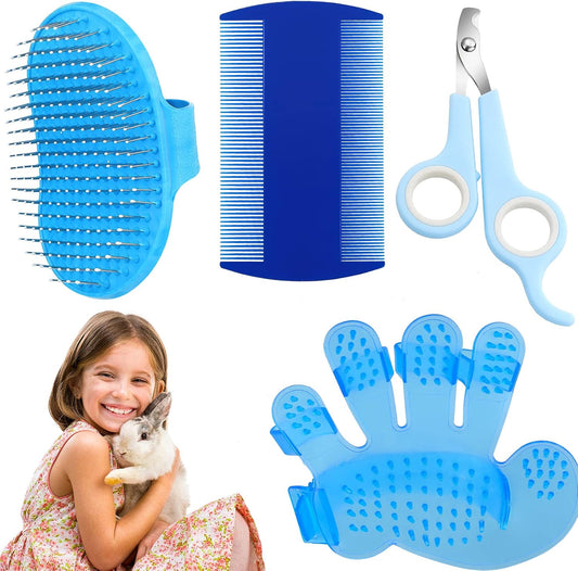Bunny Grooming Kit - 4 Piece Set with Brush, Nail Clipper, and Comb for Rabbits, Hamsters, and Guinea Pigs (Blue Series)