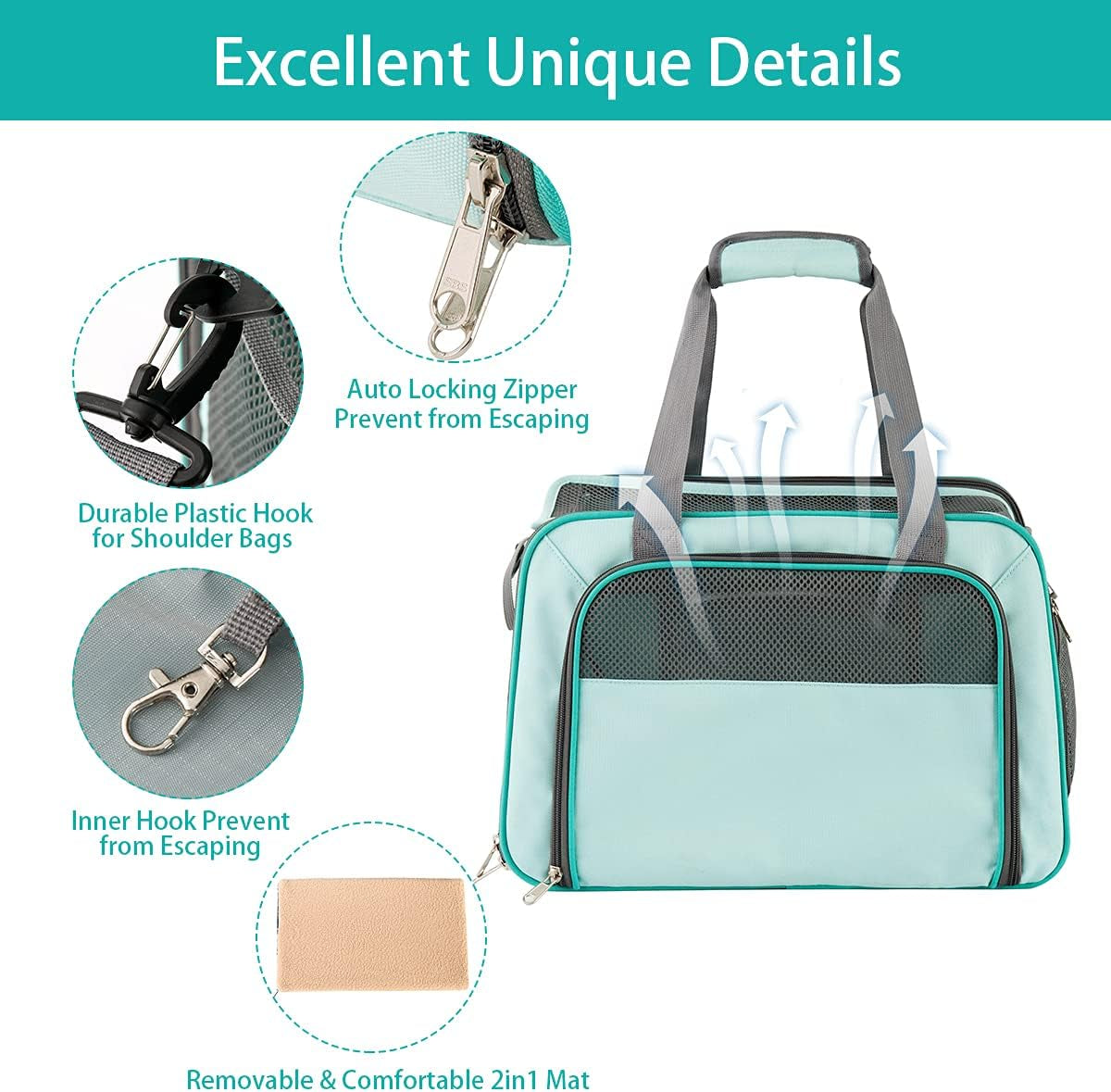 Airline Approved Soft-Sided Pet Carrier for Cats & Small Dogs - Portable Mesh Top Loading Design in Mint