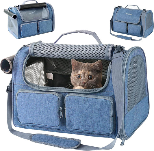 Airline Approved Soft Sided Pet Carrier for Cats & Small Dogs - Portable Mesh Travel Bag with Top Loading Design - TSA Compliant Blue Carrier