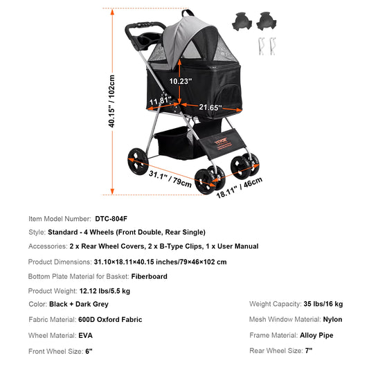 Lightweight Pet Stroller Carrier for Dogs & Cats - Travel-Friendly with Brakes, Pet Pad & Cup Holder
