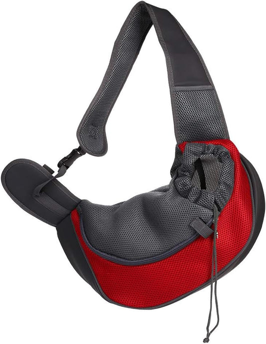 Stylish Red Portable Pet Sling Carrier - Breathable Mesh Travel Bag for Small to Medium Dogs and Cats
