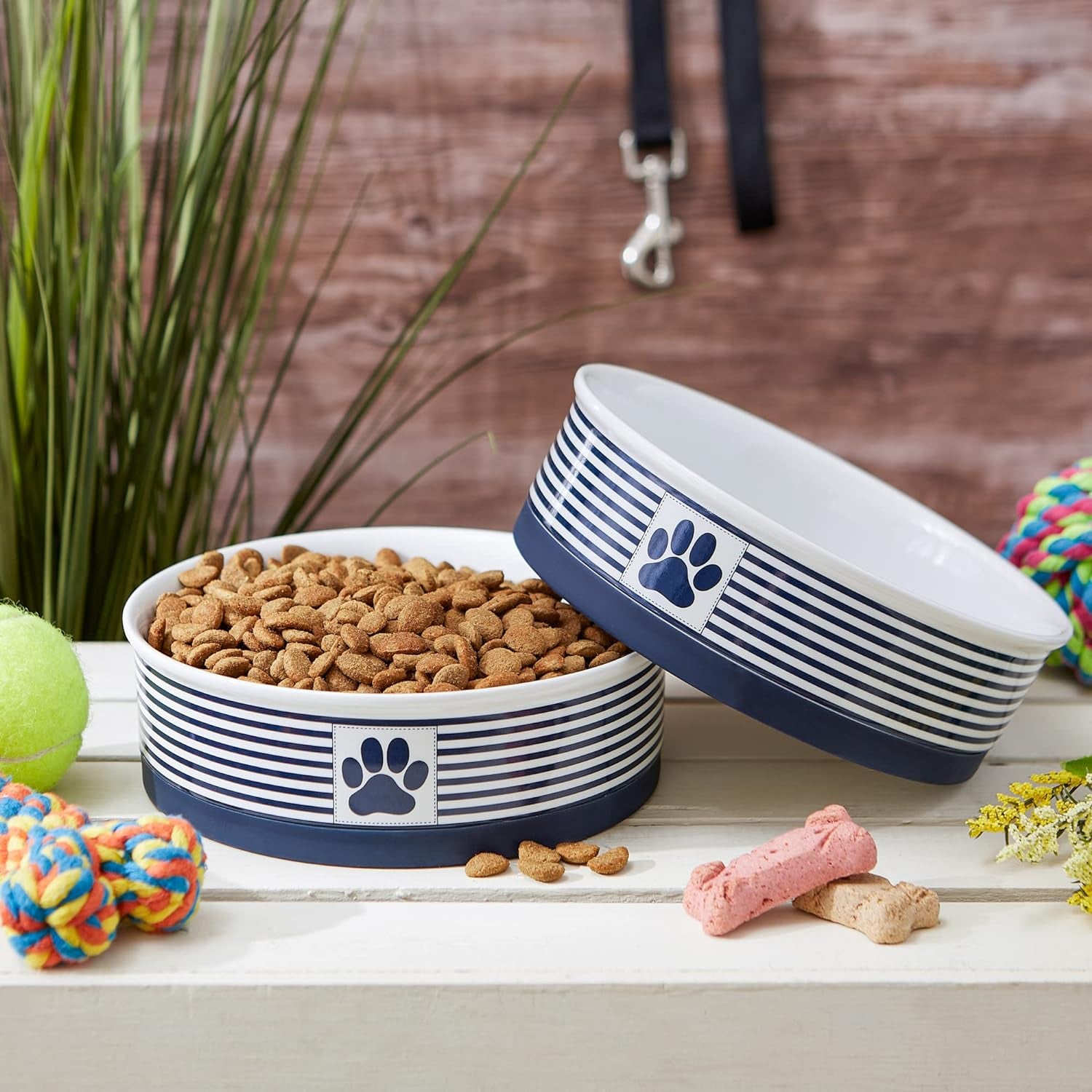 Paw & Patch Nautical Blue Ceramic Pet Collection - Large 2-Piece Set (7.5"x2.4")