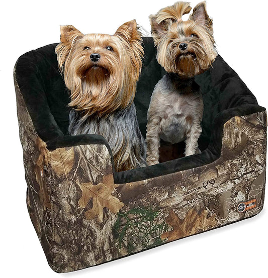 Premium Bucket Booster Dog Car Seat with Safety Seat Belt - Washable, Sturdy Design for Small & Medium Dogs - Includes 2 Safety Leashes - Stylish Realtree Edge Camo