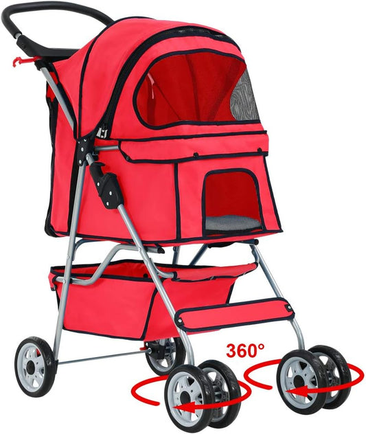 Stylish Red Pet Stroller - Foldable Travel Carrier for Cats and Dogs