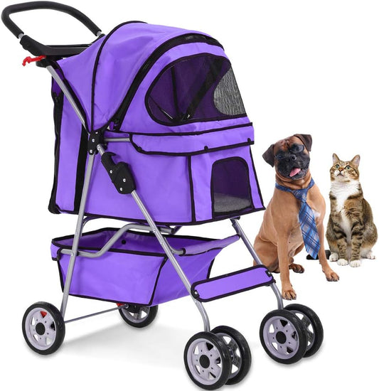 Purple 4-Wheel Pet Stroller for Cats and Dogs - Folding Travel Carrier with Cup Holders and Removable Liner for Small to Medium Pets