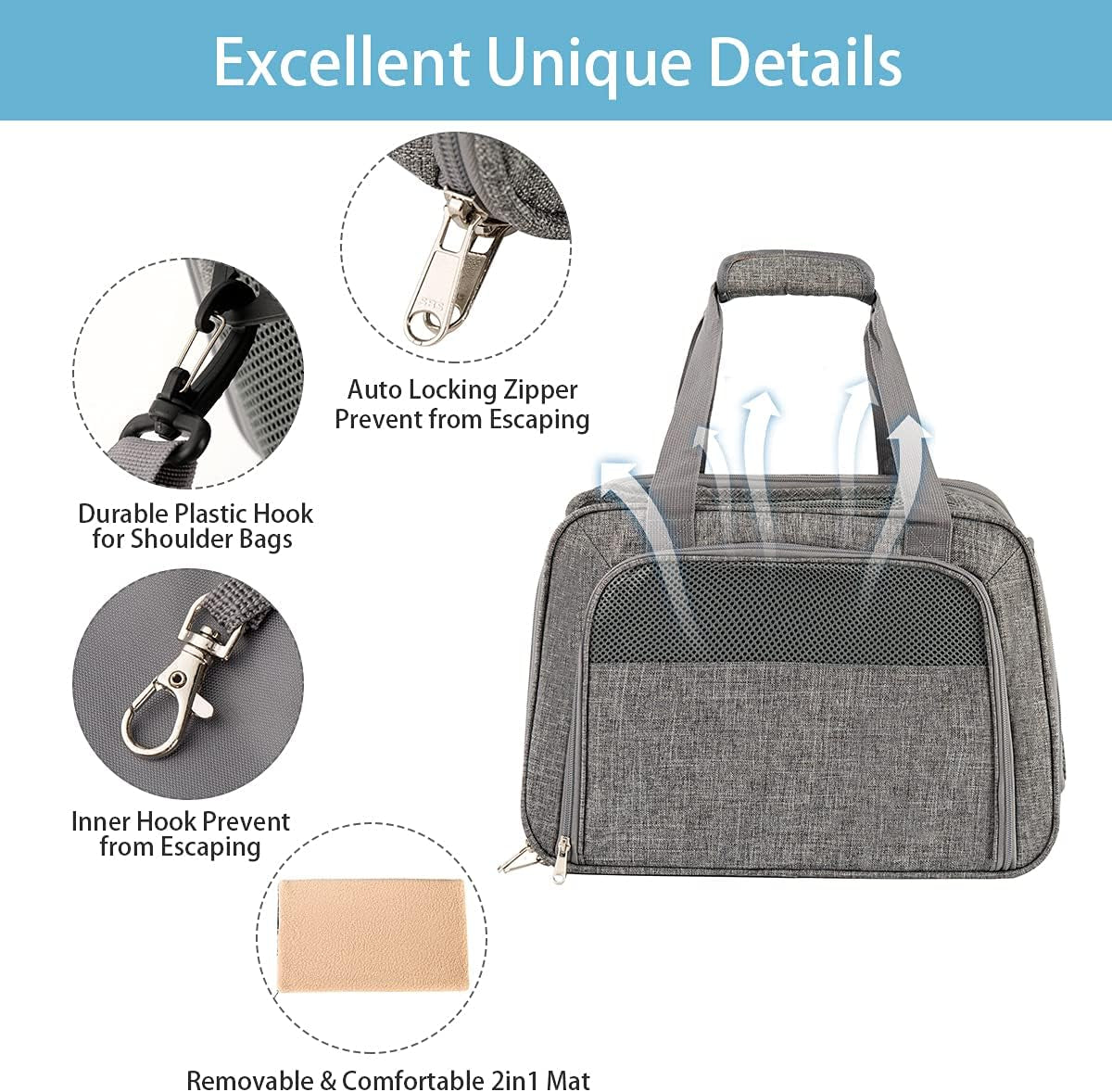 Airline Approved Soft Sided Pet Carrier for Cats & Small Dogs - Portable, Top Loading Design, TSA Compliant, Gray