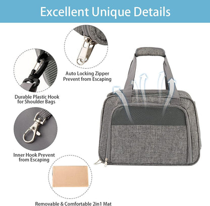 Airline Approved Soft Sided Pet Carrier for Cats & Small Dogs - Portable, Top Loading Design, TSA Compliant, Gray