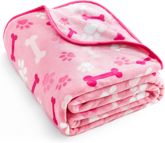 Cozy Comfort Pet Blanket - Super Fuzzy Microplush Fleece for Dogs & Cats, Pink Paw & Bone Design, 40" x 32