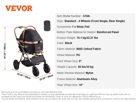 VEVOR 66 Lbs Foldable Pet Stroller with Brakes & Storage Basket - Ideal for Small to Medium Dogs